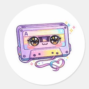 Adesivo Redondo Cute Kawaii Fita Cassete Retro Pastel Roxo Música