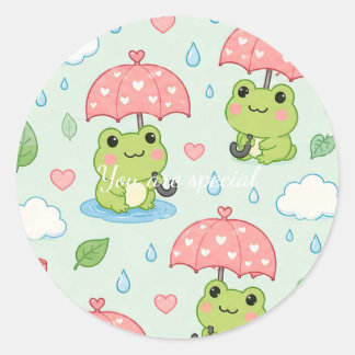Adesivo Redondo Cute Kawaii Frog Heart Umbrella Pattern