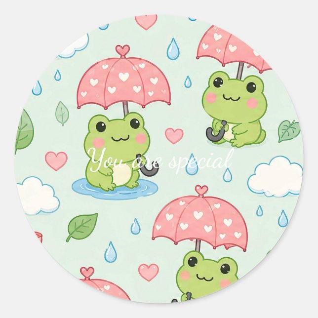 Adesivo Redondo Cute Kawaii Frog Heart Umbrella Pattern (Frente)