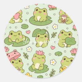Adesivo Redondo Cute Kawaii Frog Lily Pad Pattern | Pastel Pond Ae