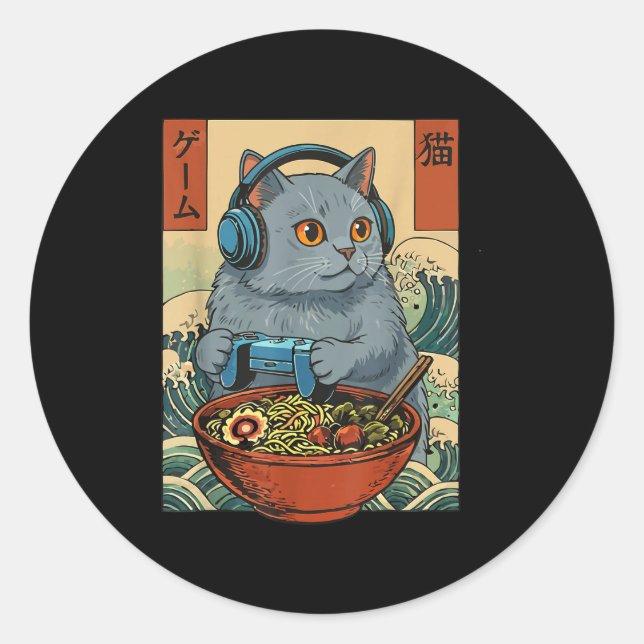 Adesivo Redondo Cute Kawaii Gamer Cat Funny Ramen Retro Japanese C (Frente)