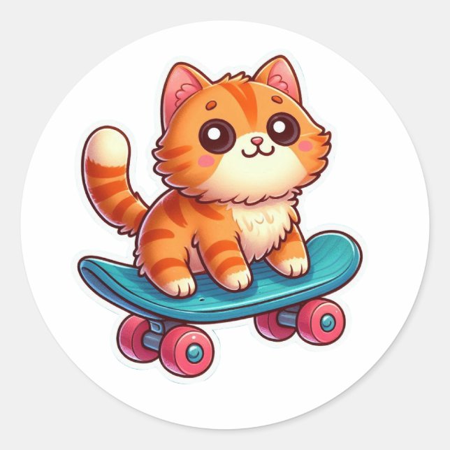 Adesivo Redondo Cute Kawaii Ginger Cat on Skateboard Sticker ✨🐾🛹 (Frente)