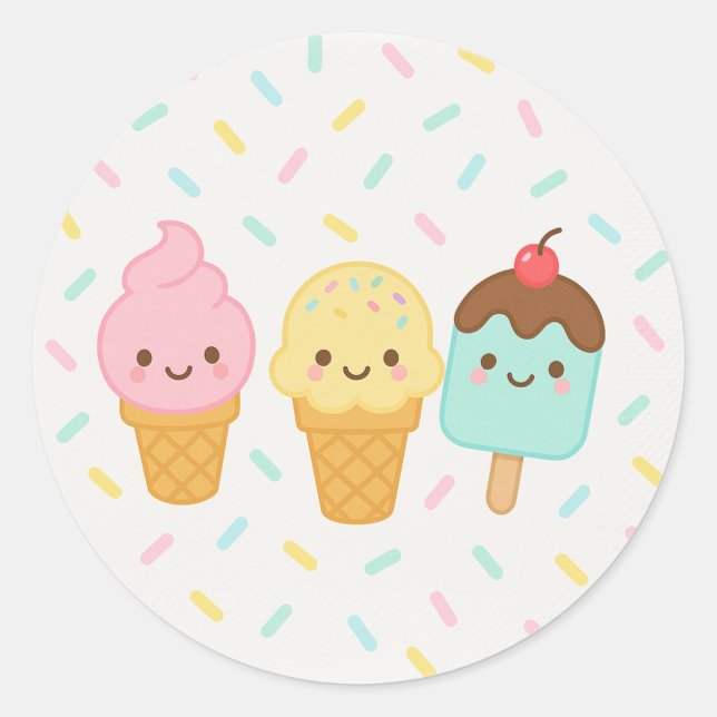 Adesivo Redondo Cute Kawaii Ice Cream Party Plate (Frente)
