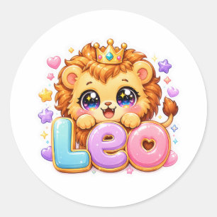 Adesivo Redondo Cute Kawaii Leão Nome Pastel Rosa Coroa Brilho