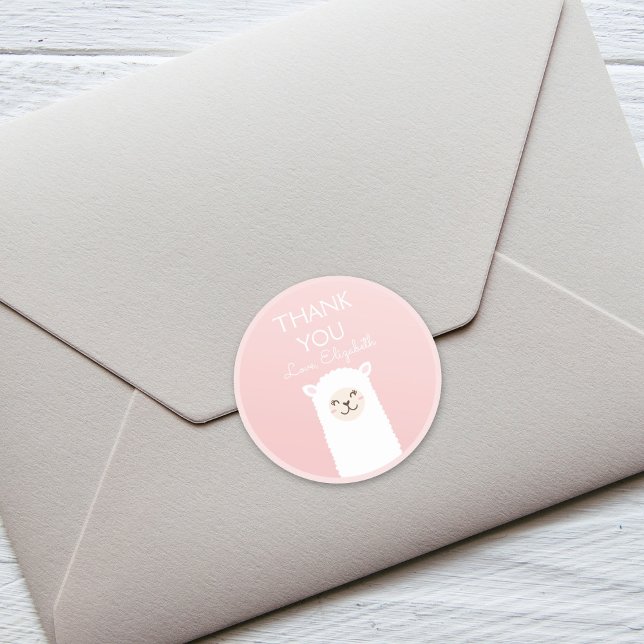 Adesivo Redondo Cute Kawaii Llama Alpaca Elegante Rosa Obrigado (Criador carregado)