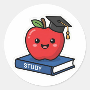 Adesivo Redondo Cute Kawaii Maçã Vermelha Usando Boina de Graduaçã