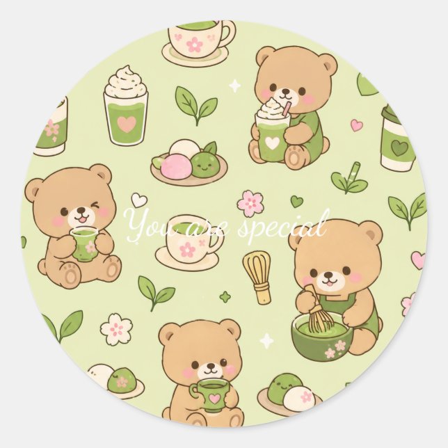 Adesivo Redondo Cute Kawaii Matcha Teddy Bear Pattern | Green Tea  (Frente)