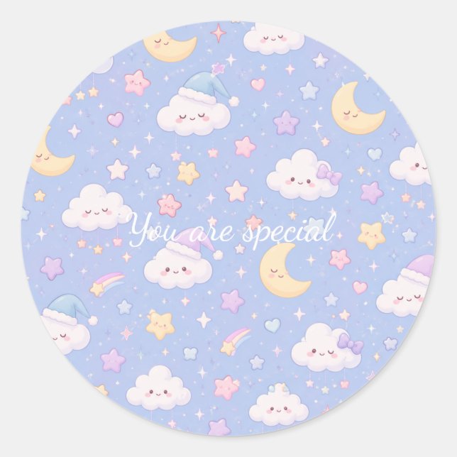 Adesivo Redondo Cute Kawaii Moon & Clouds Pattern | Dreamy Pastel  (Frente)