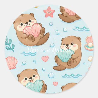Adesivo Redondo Cute Kawaii Otter Heart Seashell Pattern