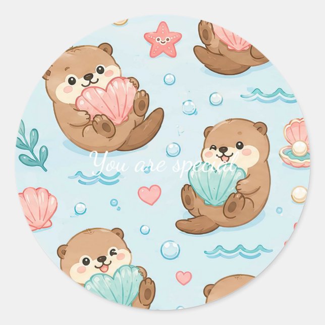Adesivo Redondo Cute Kawaii Otter Heart Seashell Pattern (Frente)