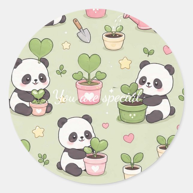 Adesivo Redondo Cute Kawaii Panda Heart Plant Pattern (Frente)