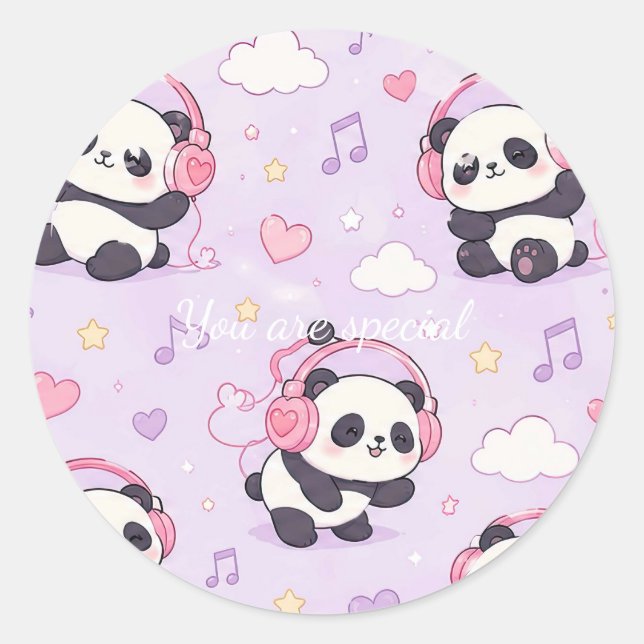 Adesivo Redondo Cute Kawaii Panda Love Music Pattern (Frente)