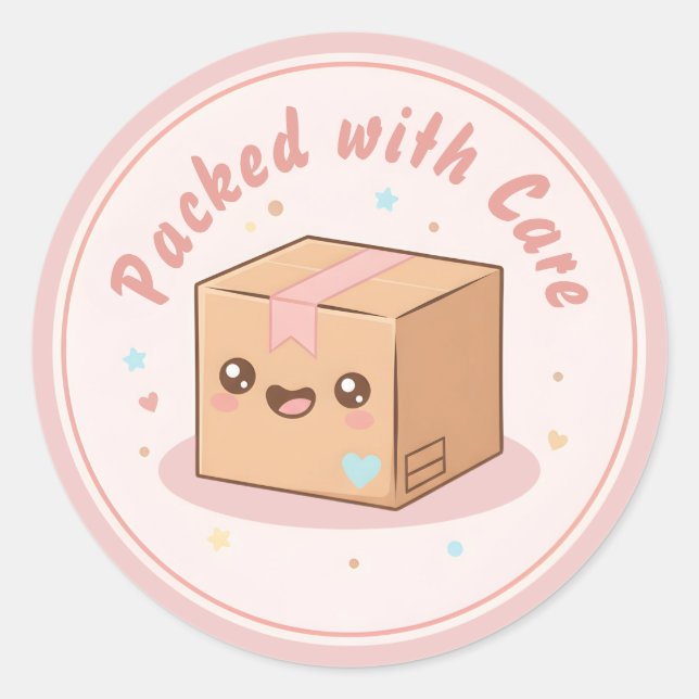 Adesivo Redondo Cute Kawaii Parcel "Packed with Care" Packaging (Frente)