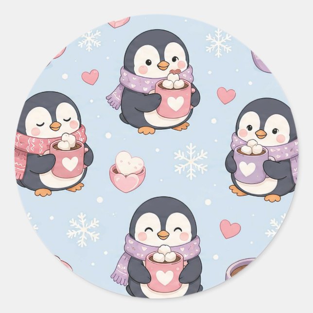 Adesivo Redondo Cute Kawaii Penguin Hot Cocoa Pattern (Frente)