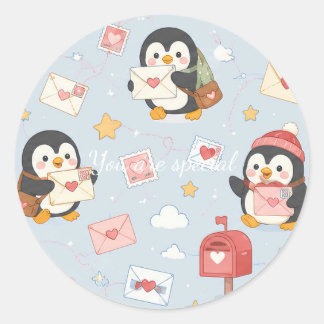 Adesivo Redondo Cute Kawaii Penguin Love Mail Pattern