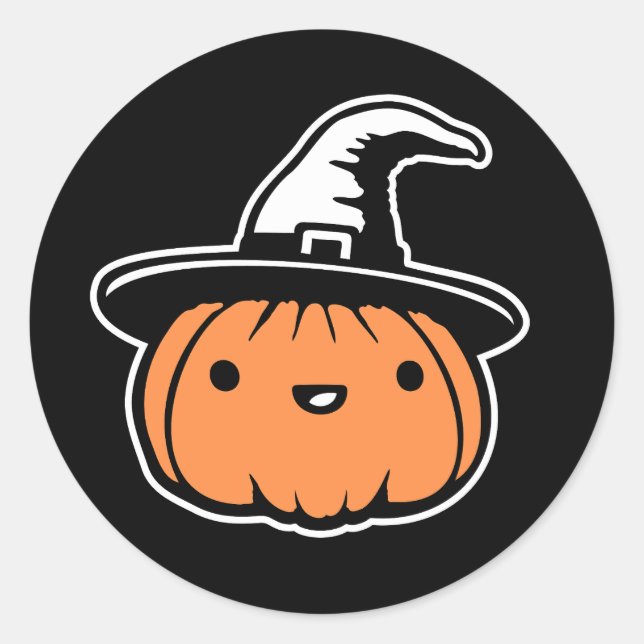 Adesivo Redondo Cute Kawaii Pumpkin Wearing Witch Hat Halloween (Frente)