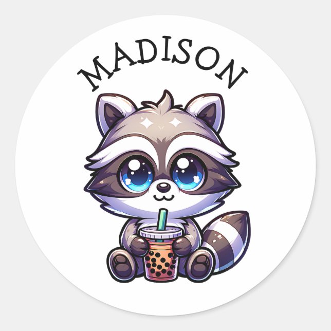 Adesivo Redondo Cute Kawaii Raccoon com Bubble Tea Personalizado (Frente)