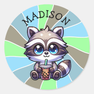 Adesivo Redondo Cute Kawaii Raccoon com Bubble Tea Personalizado