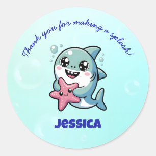 Adesivo Redondo Cute Kawaii Shark Baby Obrigado