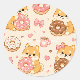 Adesivo Redondo Cute Kawaii Shiba Inu Donut Pattern