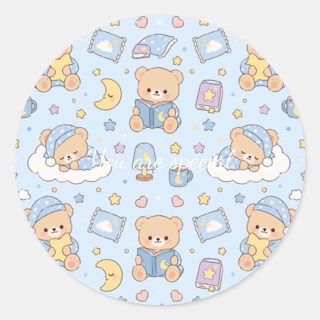 Adesivo Redondo Cute Kawaii Sleepy Teddy Bear Pattern | Pastel Bed (Frente)