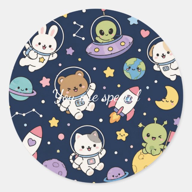 Adesivo Redondo Cute Kawaii Space Animals Pattern | Pastel Galaxy  (Frente)