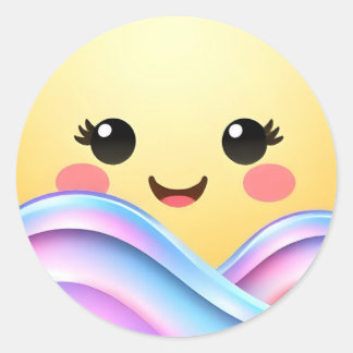 Adesivo Redondo Cute Kawaii Sun over Pastel Rainbow Waves Sticker