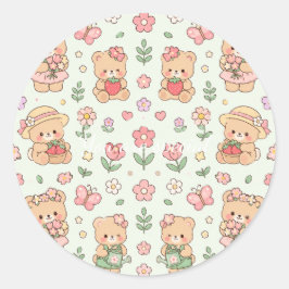 Adesivo Redondo Cute Kawaii Teddy Bear Flower Garden Pattern | Pas