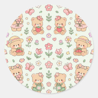 Adesivo Redondo Cute Kawaii Teddy Bear Flower Garden Pattern | Pas