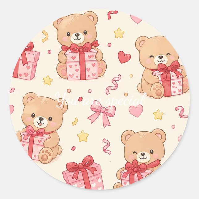 Adesivo Redondo Cute Kawaii Teddy Bear Heart Gift Pattern (Frente)