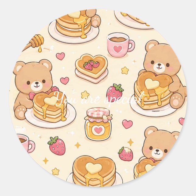 Adesivo Redondo Cute Kawaii Teddy Bear Pancake Pattern (Frente)