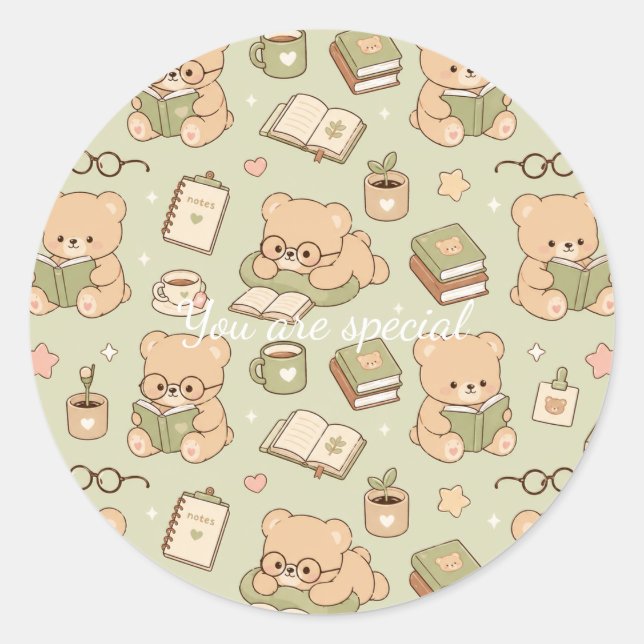 Adesivo Redondo Cute Kawaii Teddy Bear Study Pattern | Cozy Readin (Frente)