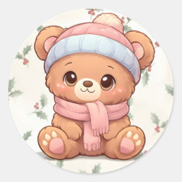Adesivo Redondo Cute Kawaii Teddy Bear Winter Sticker