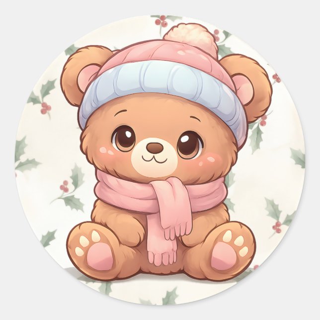 Adesivo Redondo Cute Kawaii Teddy Bear Winter Sticker (Frente)