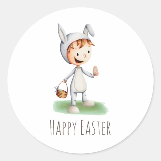 Adesivo Redondo Cute Kid Rabbit Happy Easter Party (Frente)