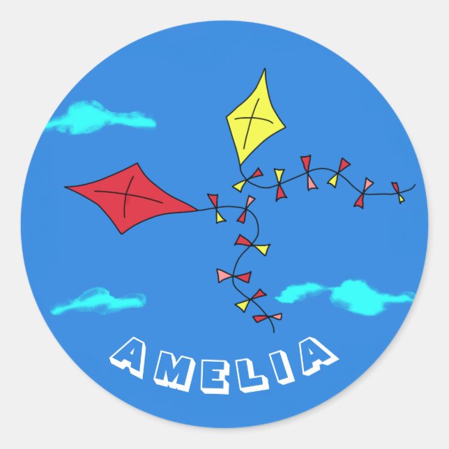 Adesivo Redondo Cute Kites Vermelho Amarelo com Aniversário de cri (Frente)