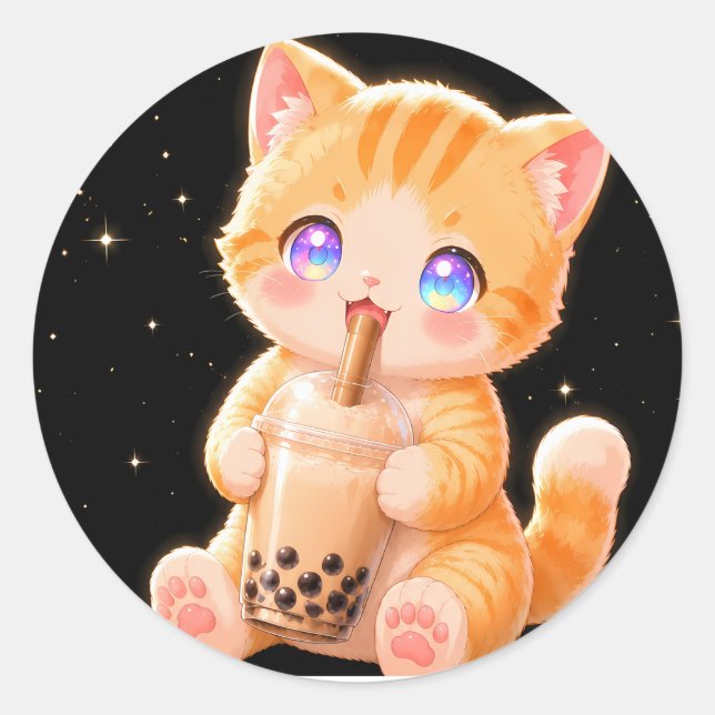 Adesivo Redondo Cute Kitten & Bubble Tea (Frente)