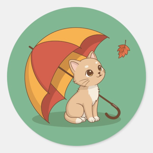 Adesivo Redondo Cute Kitten Cat Red Yellow Umbrella Fall Green (Frente)