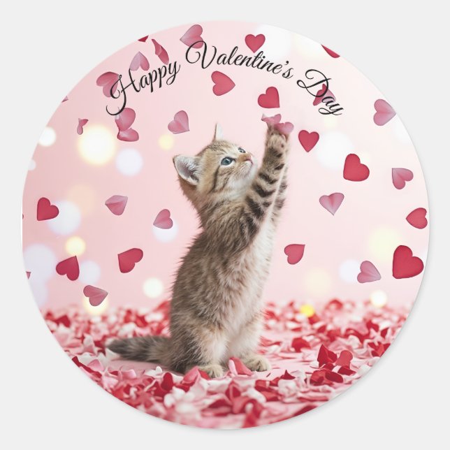 Adesivo Redondo Cute Kitten Catching Valentine Heart Petals (Frente)