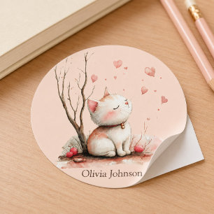 Adesivo Redondo Cute Kitten Personalizado com Corações