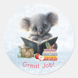 Adesivo Redondo Cute Koala Bear lendo livros Excelente Trabalho Pe