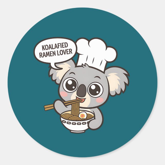 Adesivo Redondo Cute Koala curtindo Ramen (Frente)