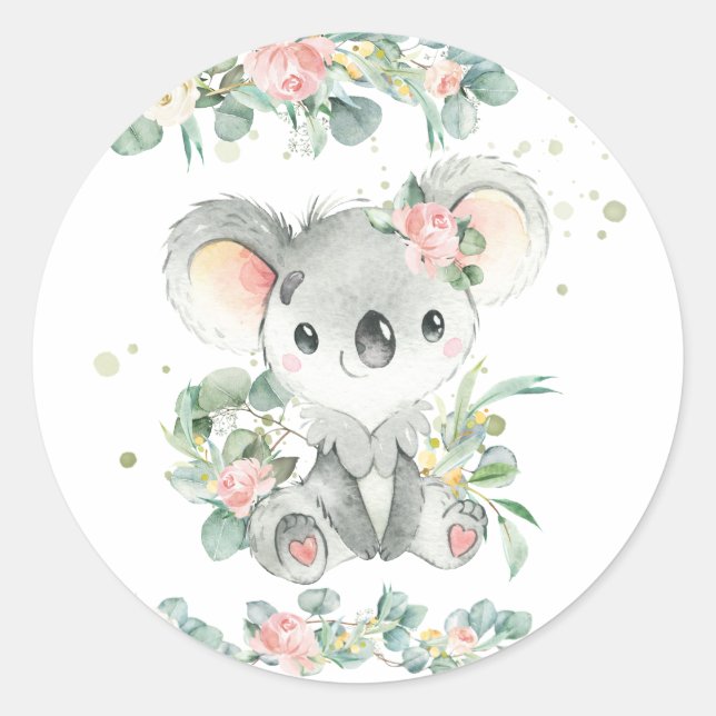 Adesivo Redondo Cute Koala Eucalyptus Floral Rosa Favor (Frente)