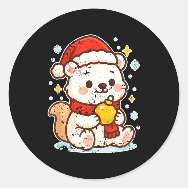 Adesivo Redondo Cute Lar Bear Winter With Santa Hat  (Frente)