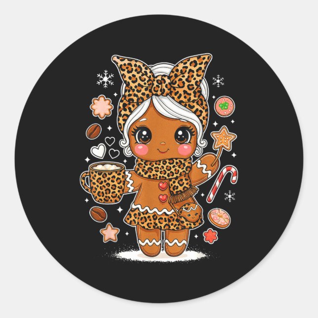 Adesivo Redondo Cute Leopard Gingerbread Girl Coquette Bow Holiday (Frente)