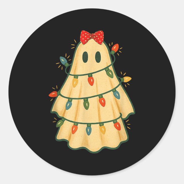 Adesivo Redondo Cute Lit Ghost Christmas Tree Funny Gift Halloween (Frente)
