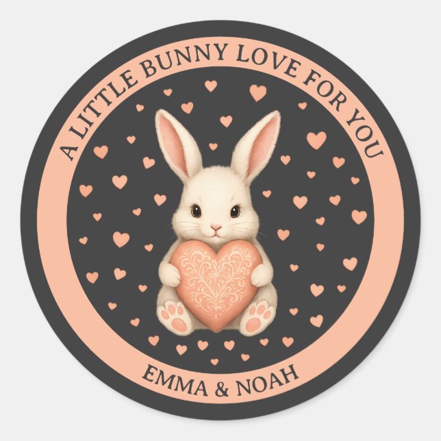 Adesivo Redondo Cute Little Bunny Love with Heart on Dark Charcoal (Frente)