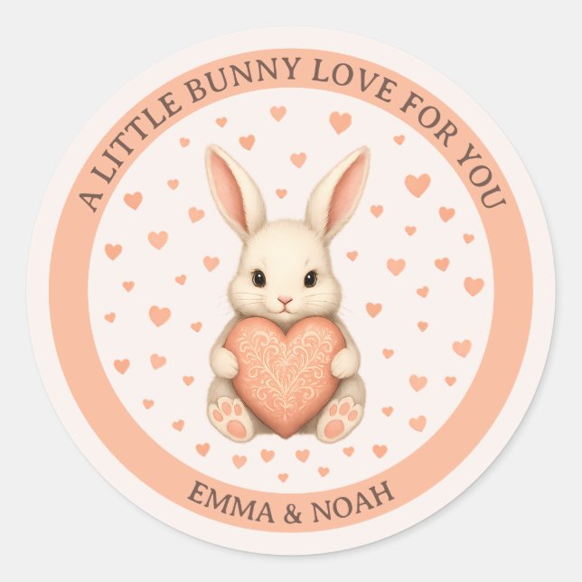 Adesivo Redondo Cute Little Bunny Love with Heart on Soft Blush (Frente)