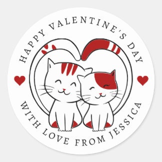 Adesivo Redondo Cute Little Cats Happy Valentine's Day