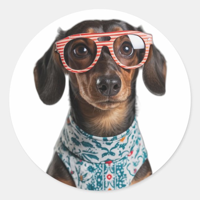 Adesivo Redondo Cute Little Dachshund With Red Glasses (Frente)